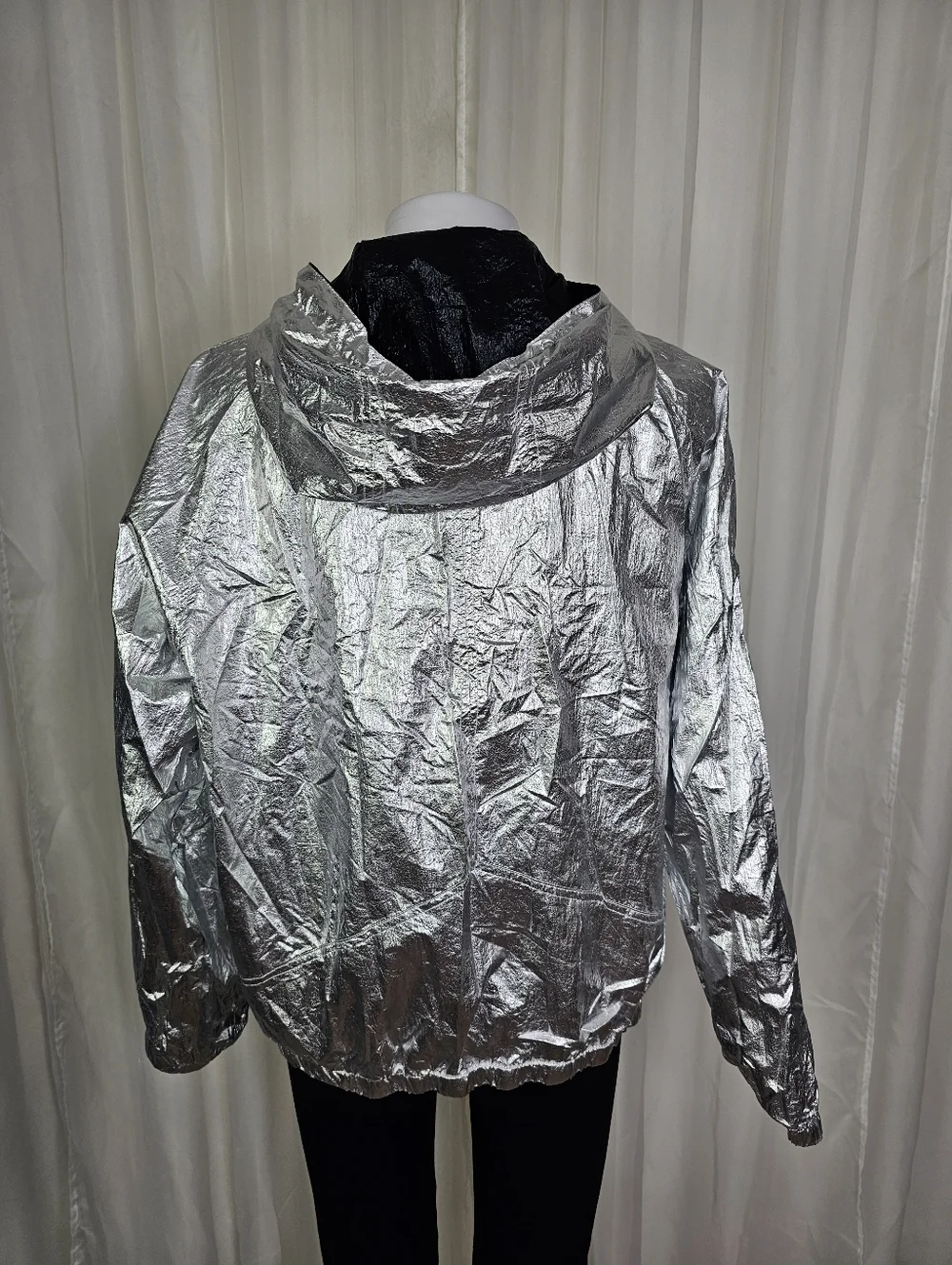 Blank NYC Reversible Shiny Silver Black Metallic Jacket Windbreaker Hood Medium
